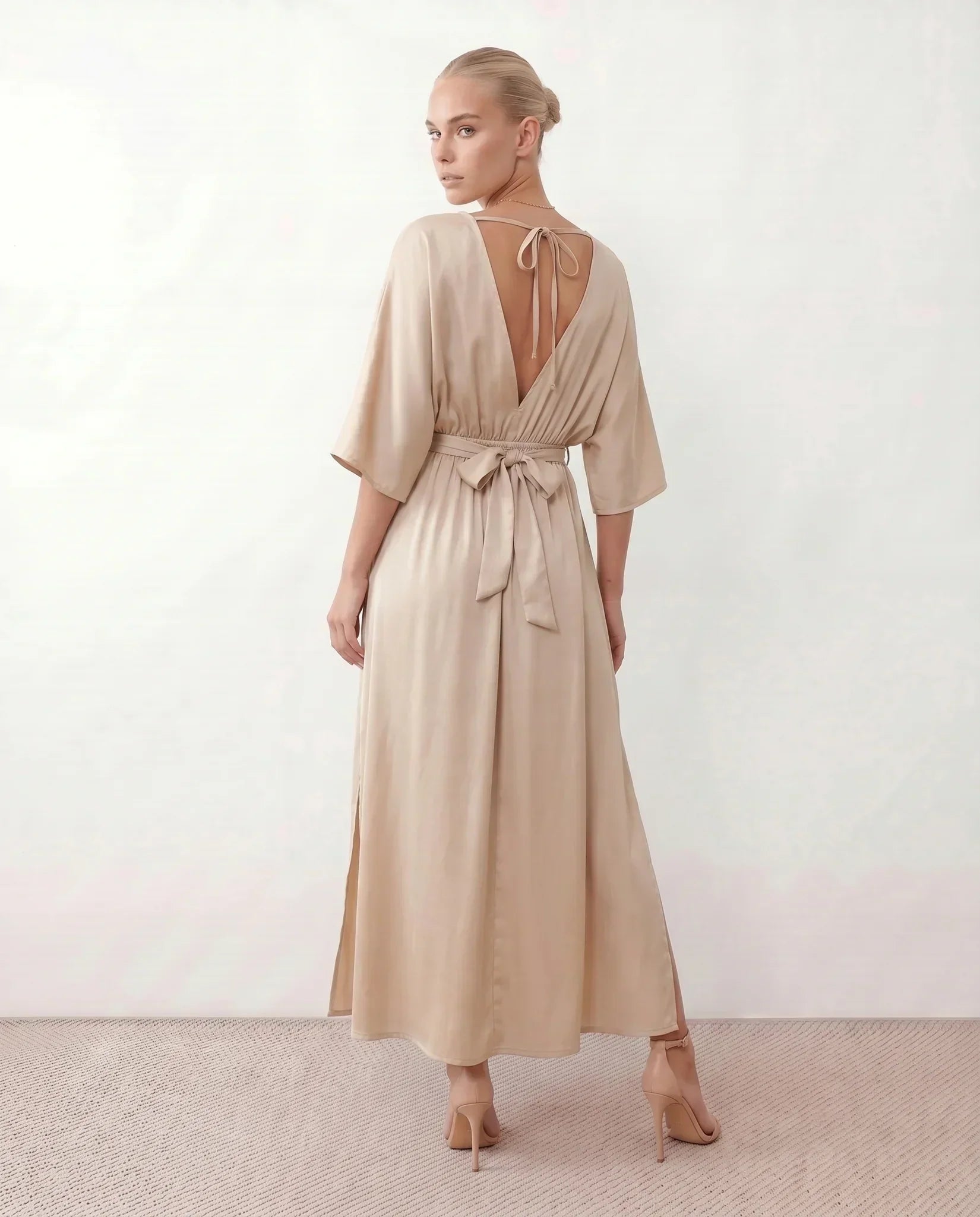 Women's Maxi Dress with Open Back and Tie-Back V-Neck - 4