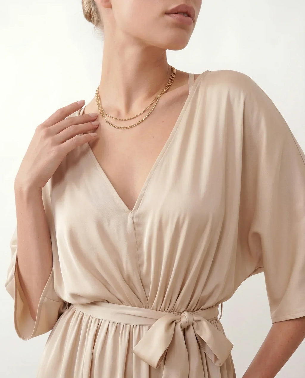 Women's Maxi Dress with Open Back and Tie-Back V-Neck - Beige