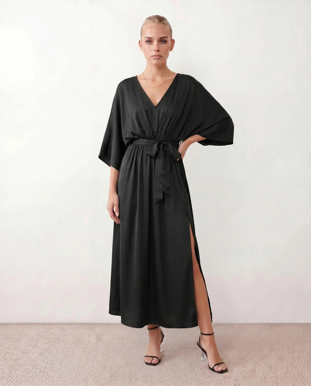 Women's Maxi Dress with Open Back and Tie-Back V-Neck - Black