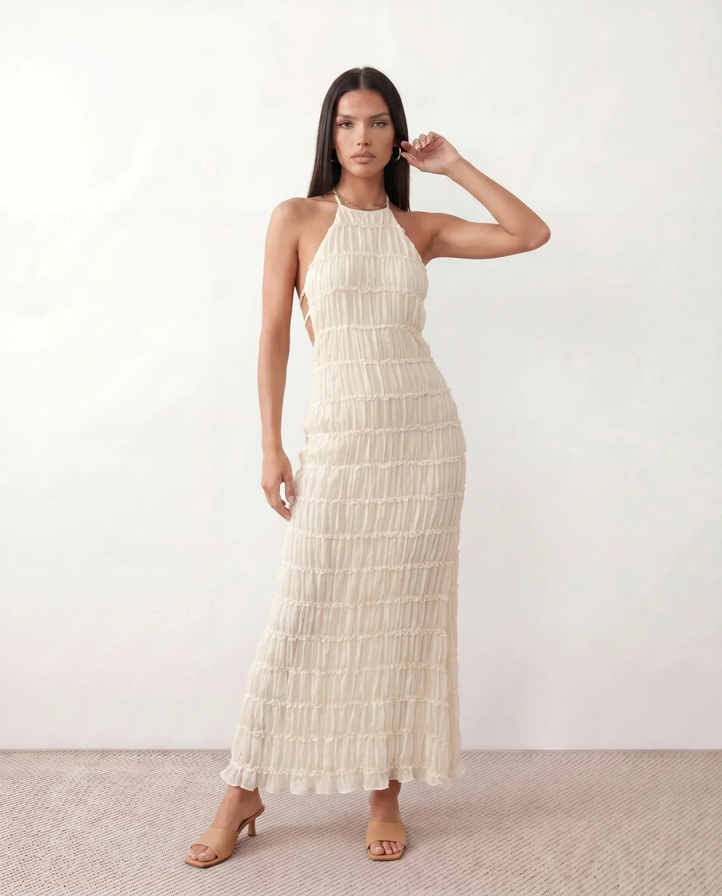 Women's Halter Maxi Dress with Pleated Detail and A-Line Silhouette - 6
