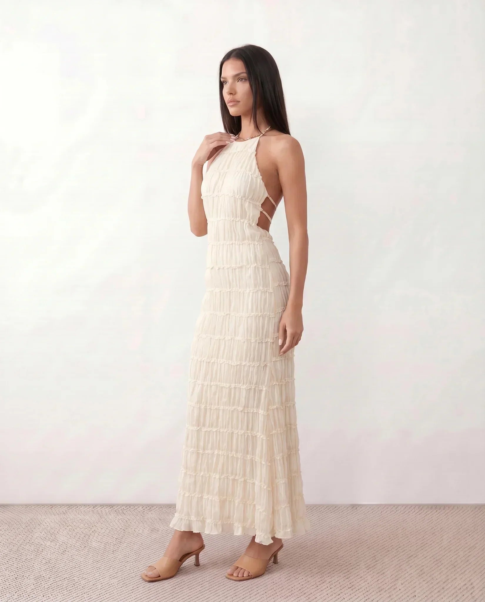 Women's Halter Maxi Dress with Pleated Detail and A-Line Silhouette - 5