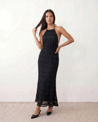 Women's Halter Maxi Dress with Pleated Detail and A-Line Silhouette - Black