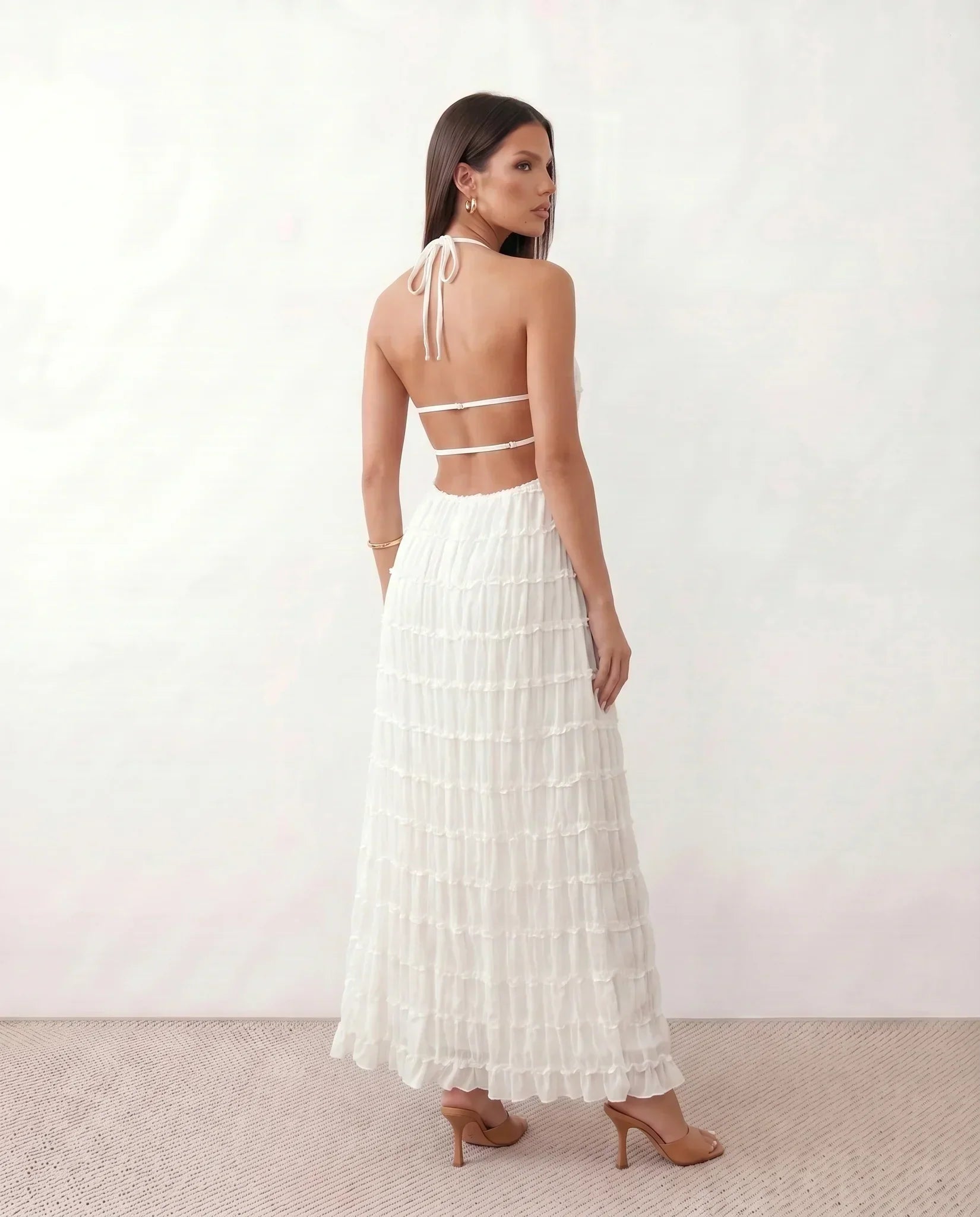 Women's Halter Maxi Dress with Pleated Detail and A-Line Silhouette - 16