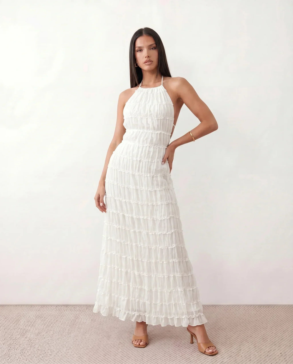 Women's Halter Maxi Dress with Pleated Detail and A-Line Silhouette - White
