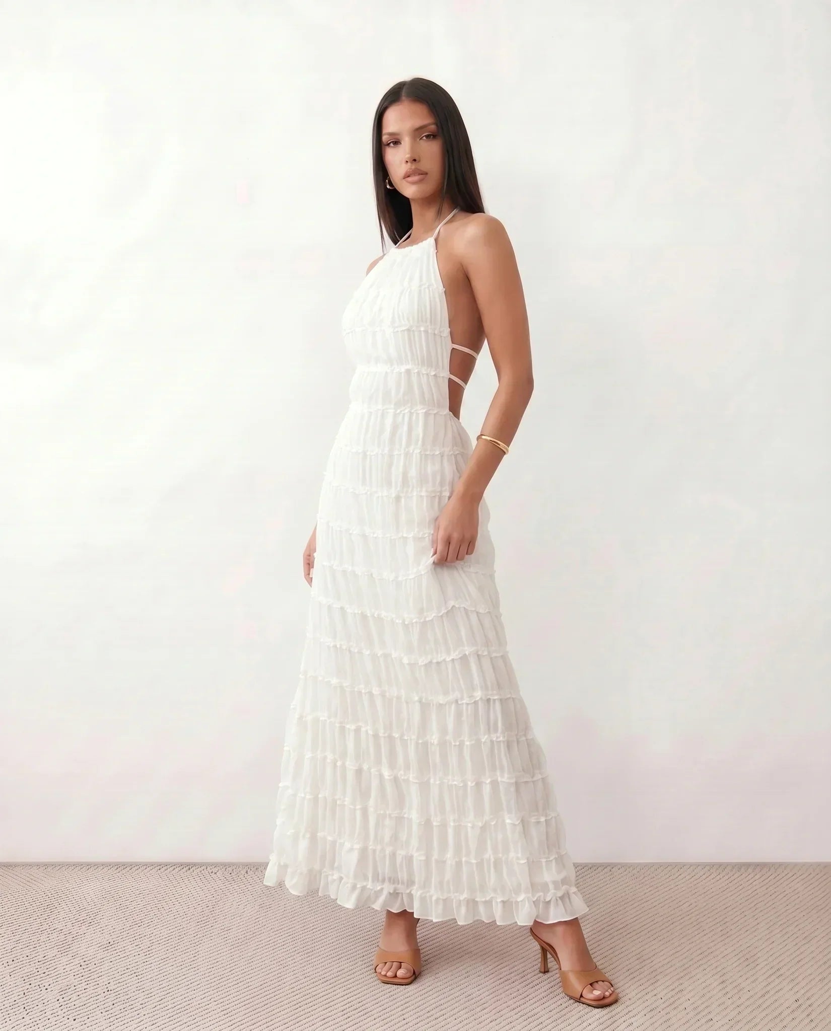 Women's Halter Maxi Dress with Pleated Detail and A-Line Silhouette - 15