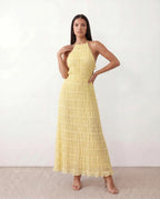 Women's Halter Maxi Dress with Pleated Detail and A-Line Silhouette - Yellow