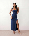 Women's Maxi Dress Sleeveless with Open Back and Square Neckline - Navy
