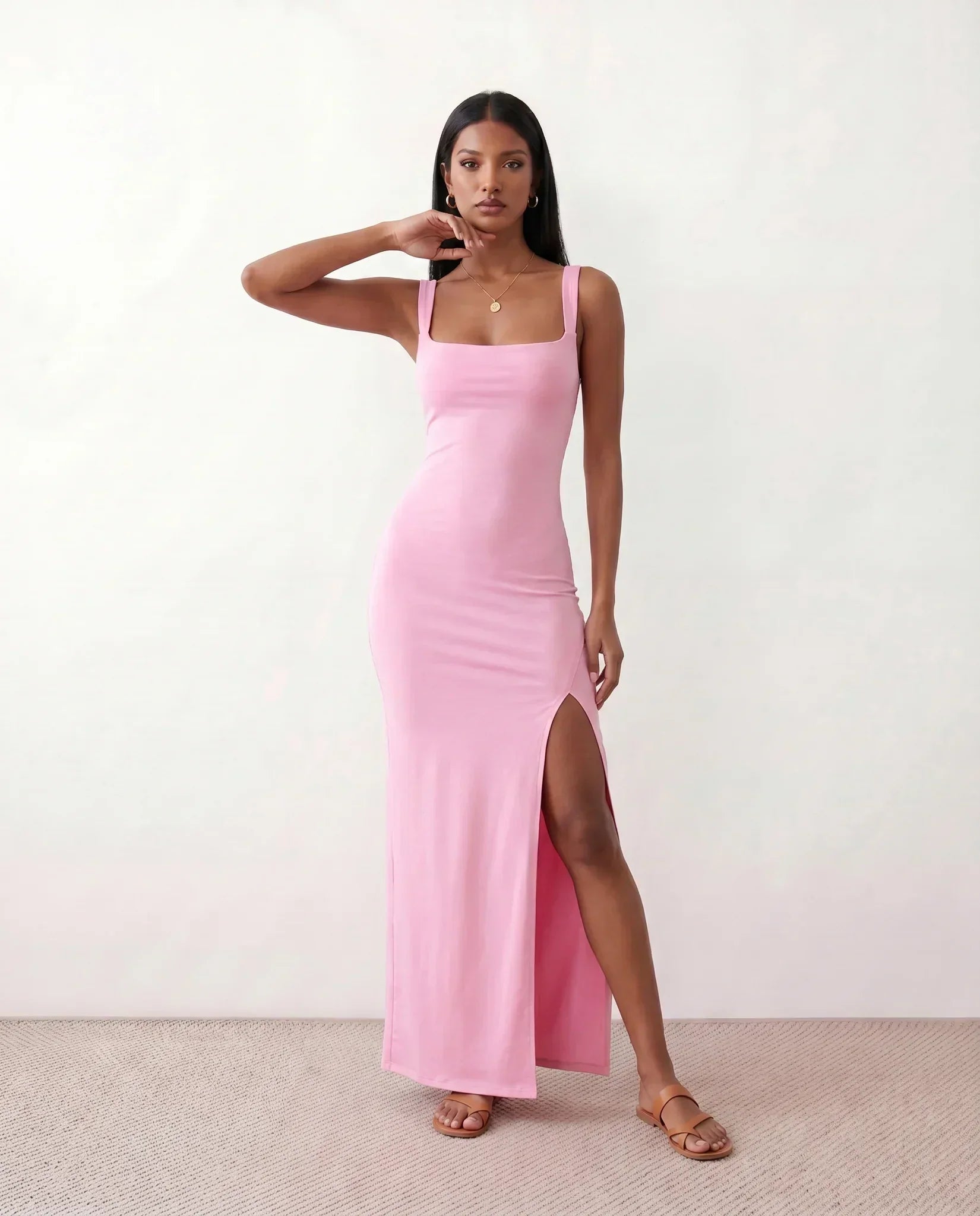 Women's Maxi Dress Sleeveless with Open Back and Square Neckline - 15