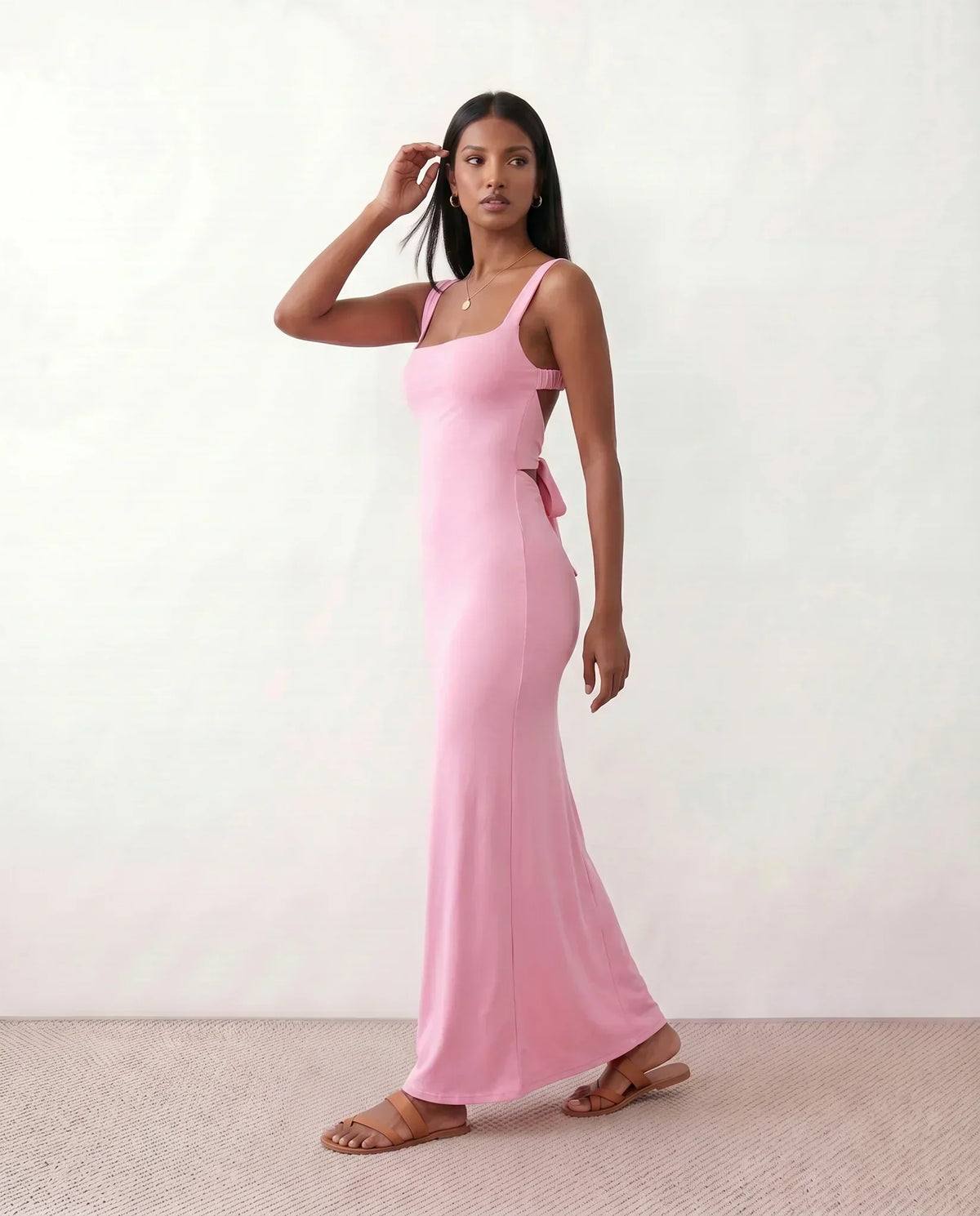 Women's Maxi Dress Sleeveless with Open Back and Square Neckline - Pink