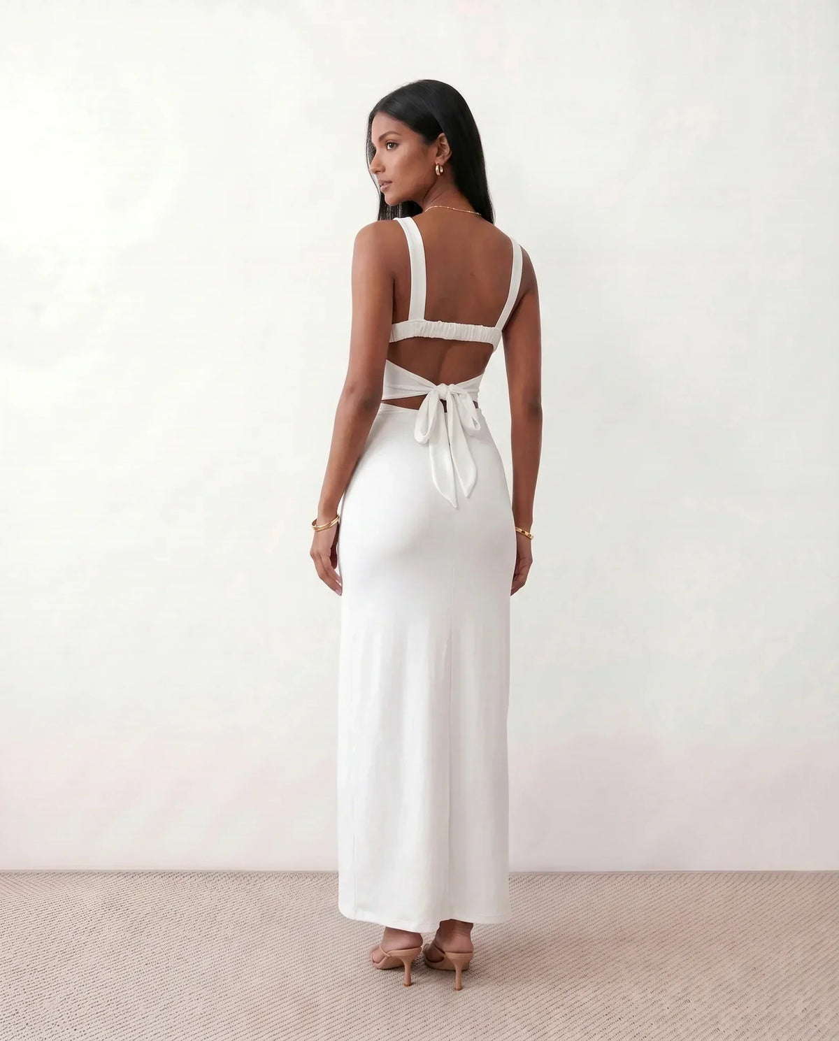 Women's Maxi Dress Sleeveless with Open Back and Square Neckline - White