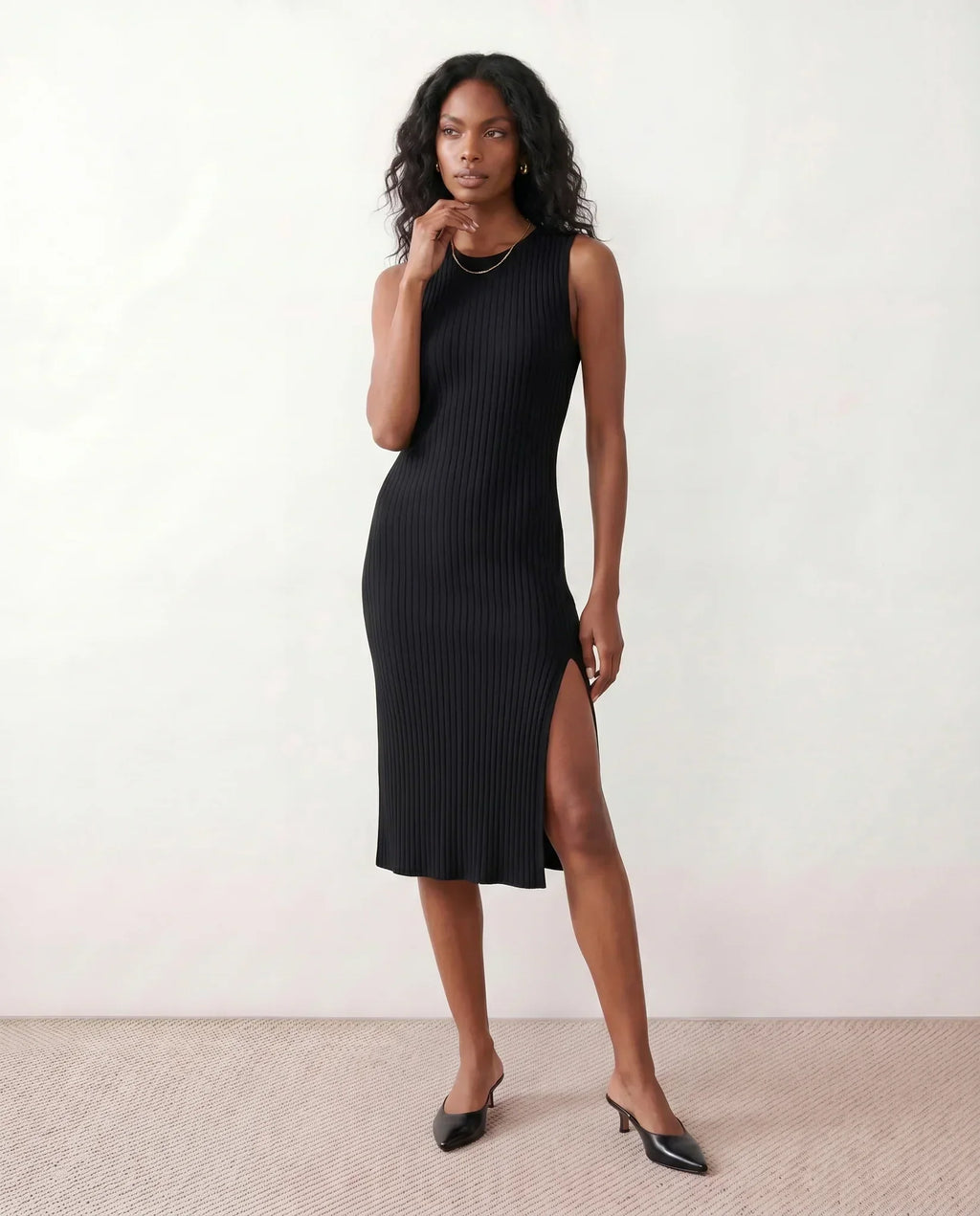 Women's Ribbed Fitted Knit Midi Dress Sleeveless with Side Slit - Black