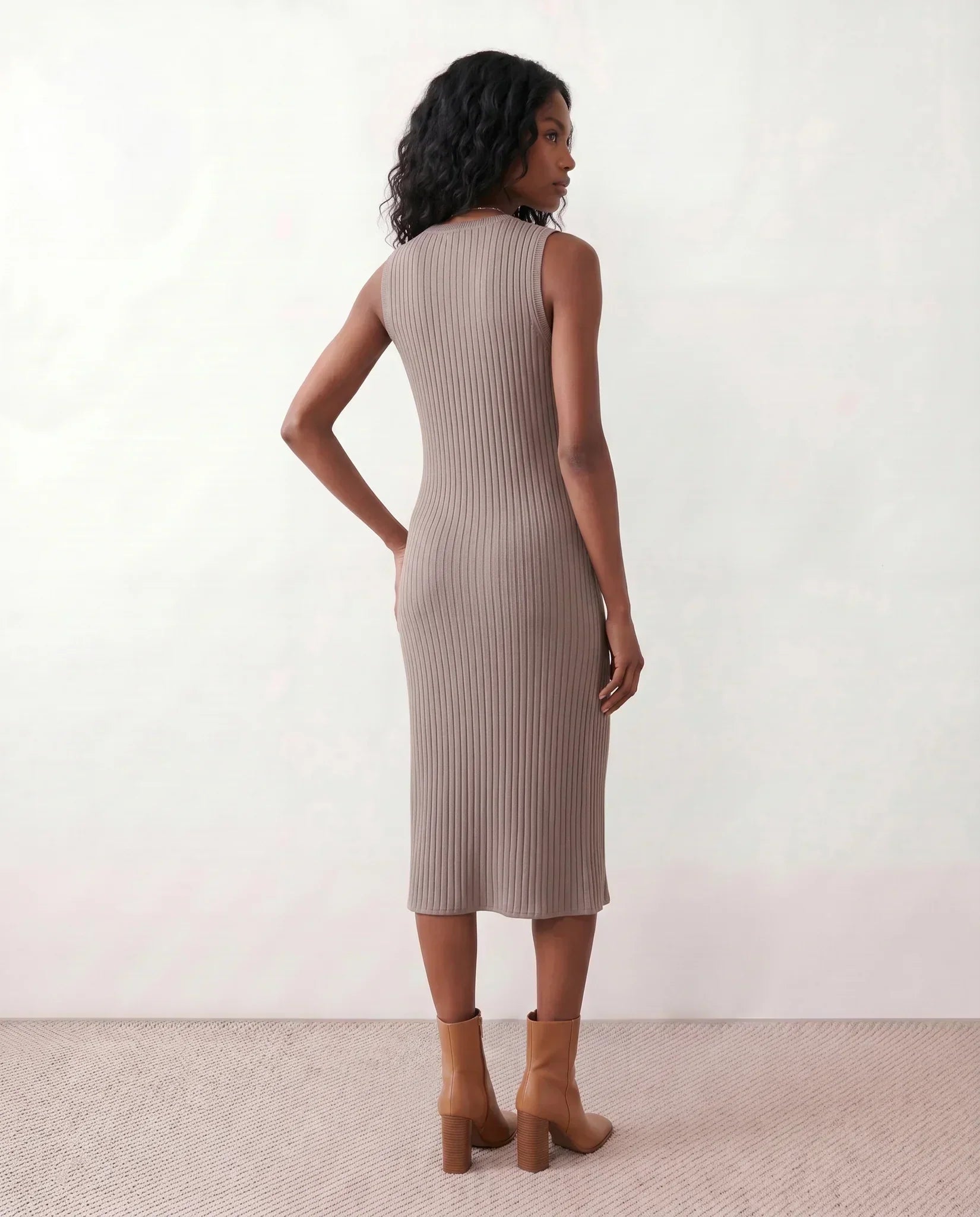 Women's Ribbed Fitted Knit Midi Dress Sleeveless with Side Slit - 14
