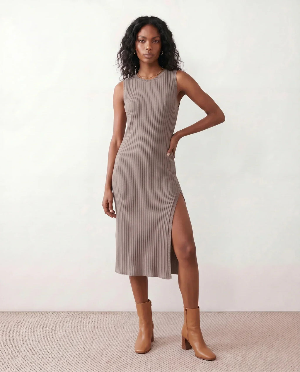 Women's Ribbed Fitted Knit Midi Dress Sleeveless with Side Slit - 16