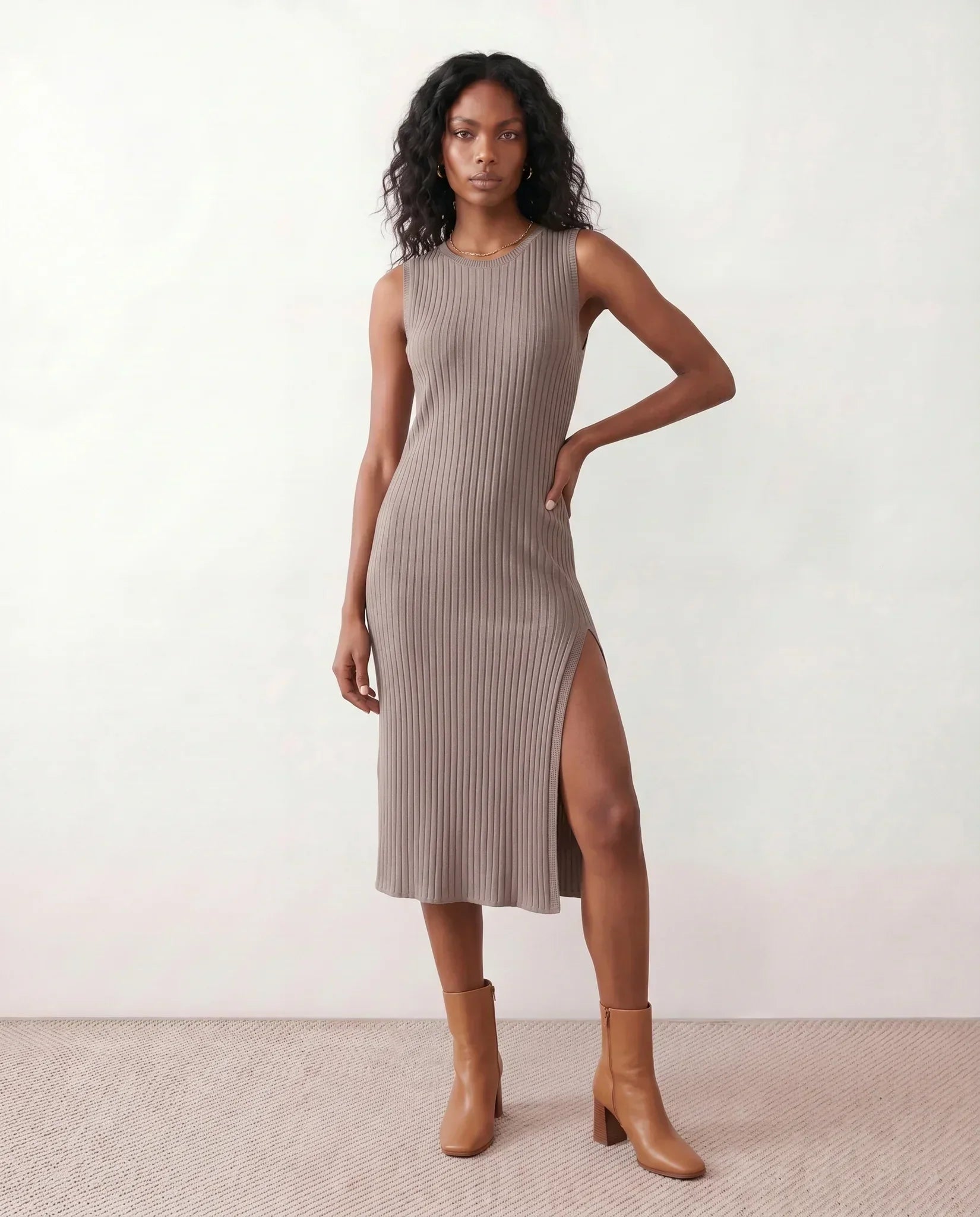 Women's Ribbed Fitted Knit Midi Dress Sleeveless with Side Slit - 16
