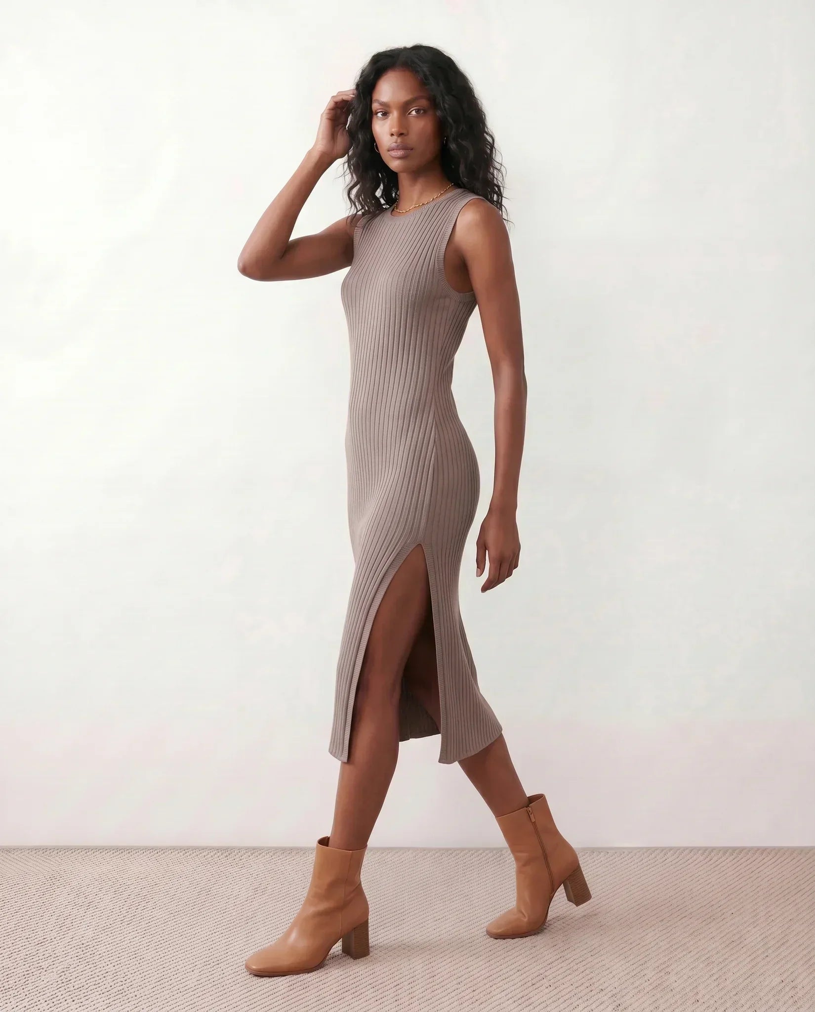 Women's Ribbed Fitted Knit Midi Dress Sleeveless with Side Slit - Brown