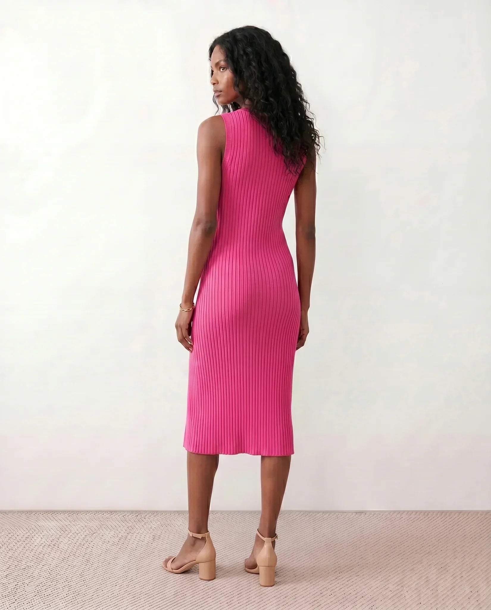 Women's Ribbed Fitted Knit Midi Dress Sleeveless with Side Slit - 11