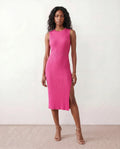 Women's Ribbed Fitted Knit Midi Dress Sleeveless with Side Slit - Pink