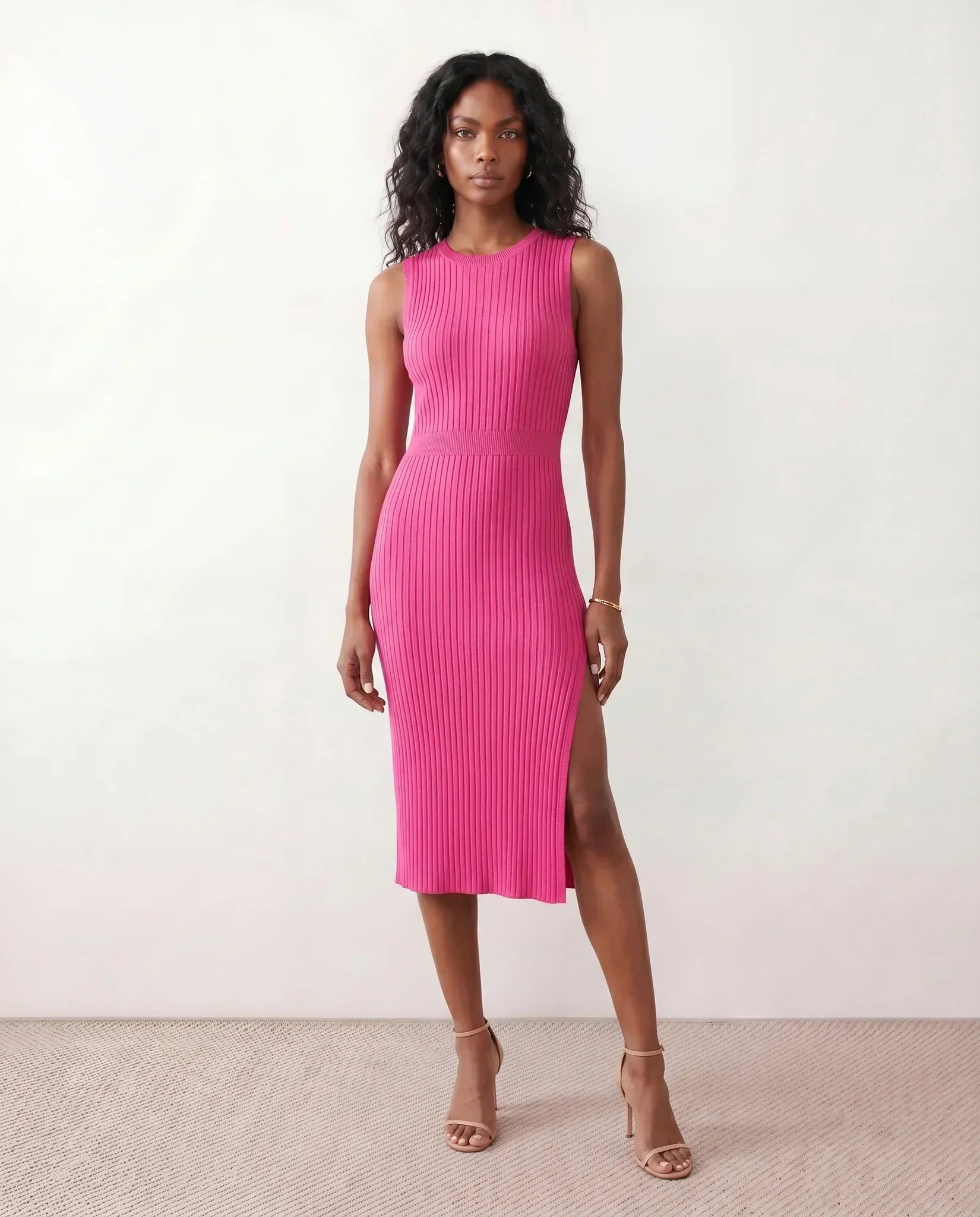Women's Ribbed Fitted Knit Midi Dress Sleeveless with Side Slit - Pink