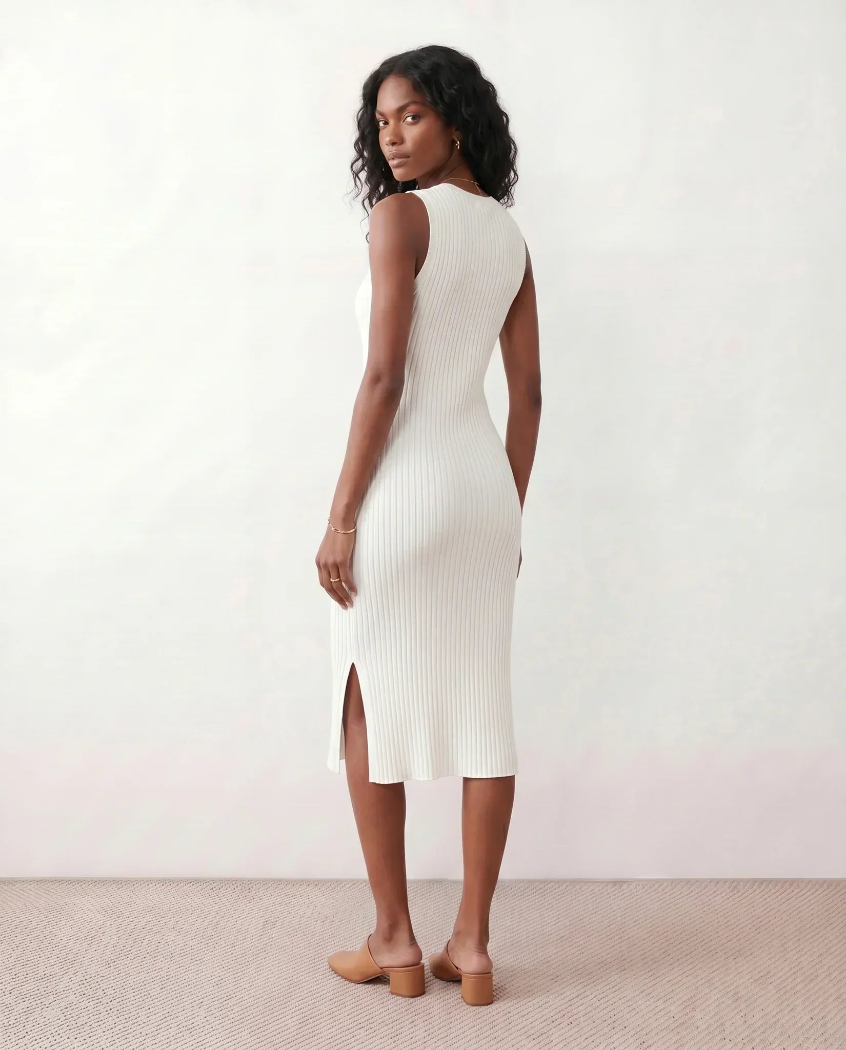 Women's Ribbed Fitted Knit Midi Dress Sleeveless with Side Slit - 4