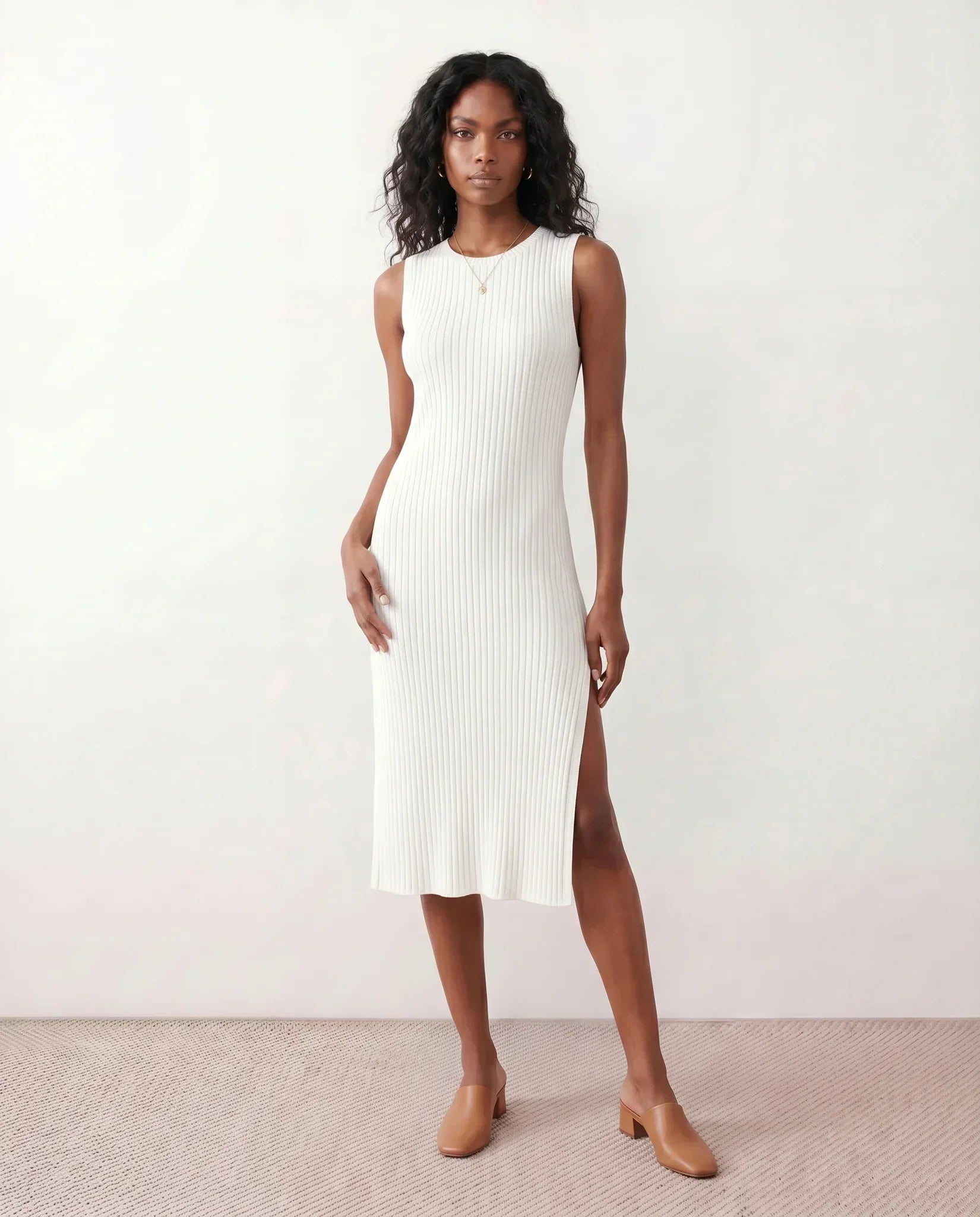 Women's Ribbed Fitted Knit Midi Dress Sleeveless with Side Slit - 5