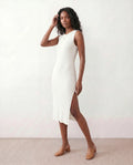 Women's Ribbed Fitted Knit Midi Dress Sleeveless with Side Slit - White