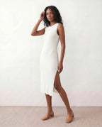 Women's Ribbed Fitted Knit Midi Dress Sleeveless with Side Slit - White