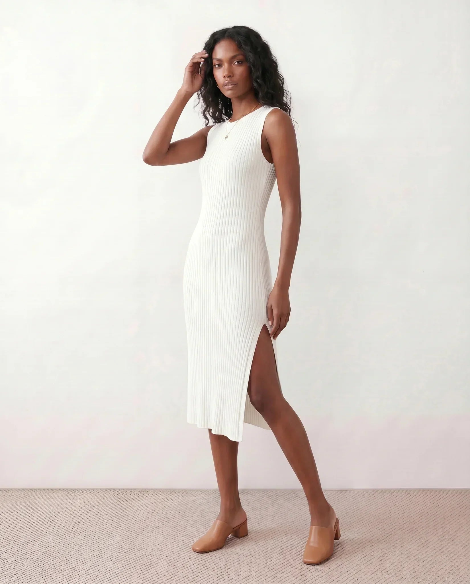 Women's Ribbed Fitted Knit Midi Dress Sleeveless with Side Slit - White