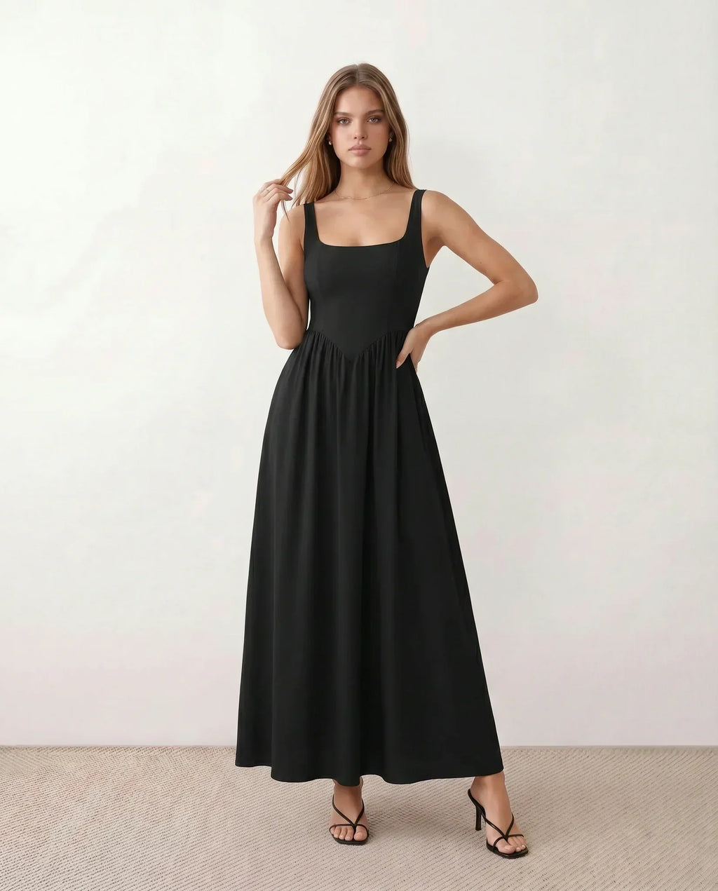 Women's Sleeveless Maxi Dress with Square Neckline and A-Line Skirt - Black