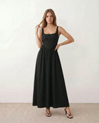 Women's Sleeveless Maxi Dress with Square Neckline and A-Line Skirt - Black