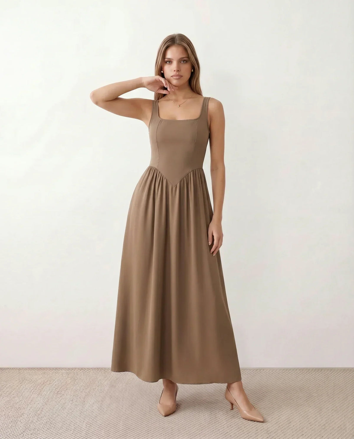 Women's Sleeveless Maxi Dress with Square Neckline and A-Line Skirt - Brown