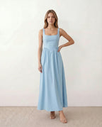Women's Sleeveless Maxi Dress with Square Neckline and A-Line Skirt - Light Blue