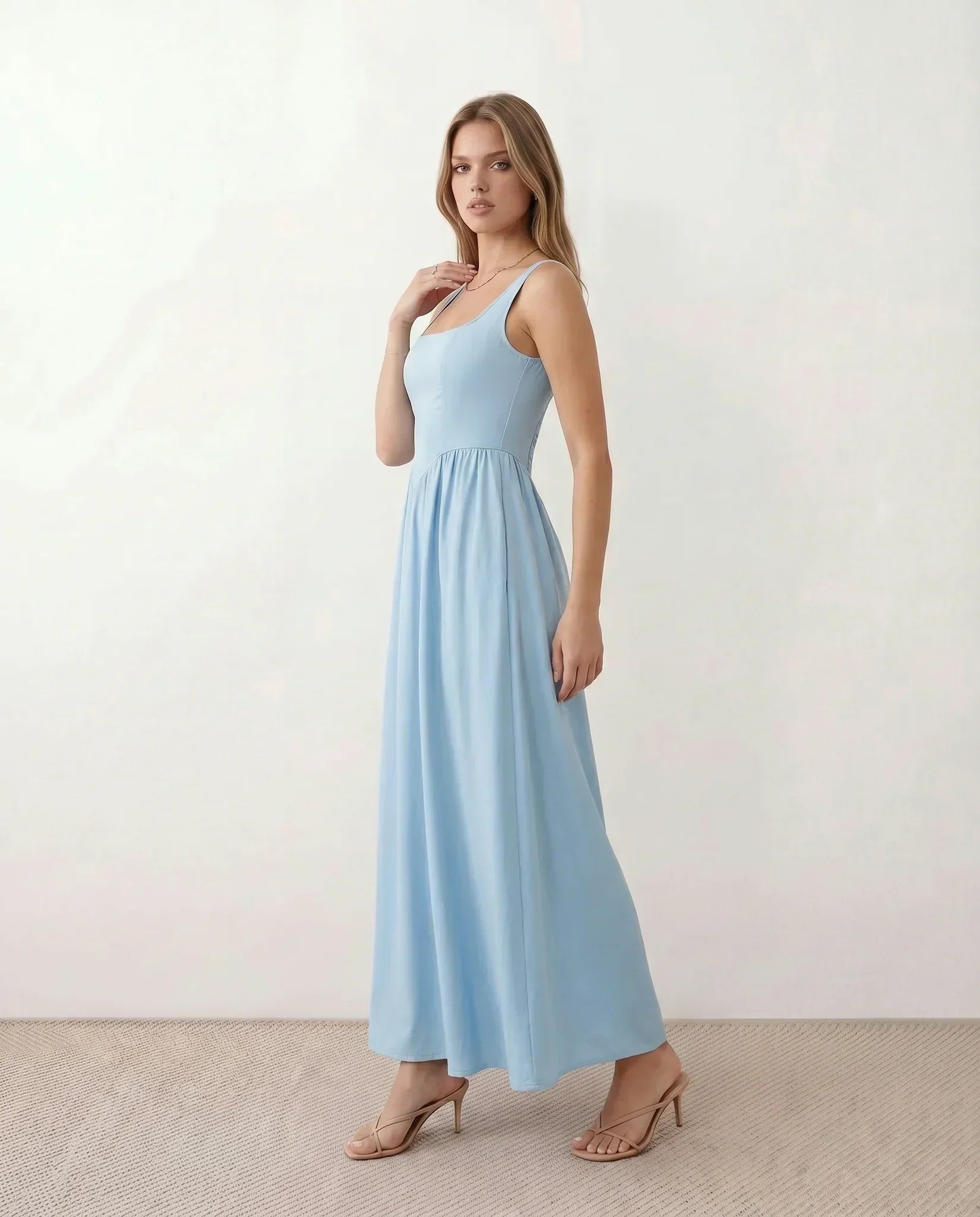 Women's Sleeveless Maxi Dress with Square Neckline and A-Line Skirt - 14