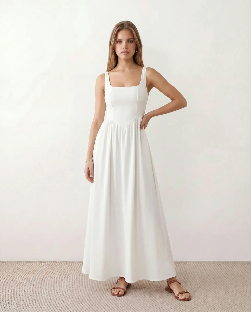 Women's Sleeveless Maxi Dress with Square Neckline and A-Line Skirt - White