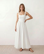 Women's Sleeveless Maxi Dress with Square Neckline and A-Line Skirt - White