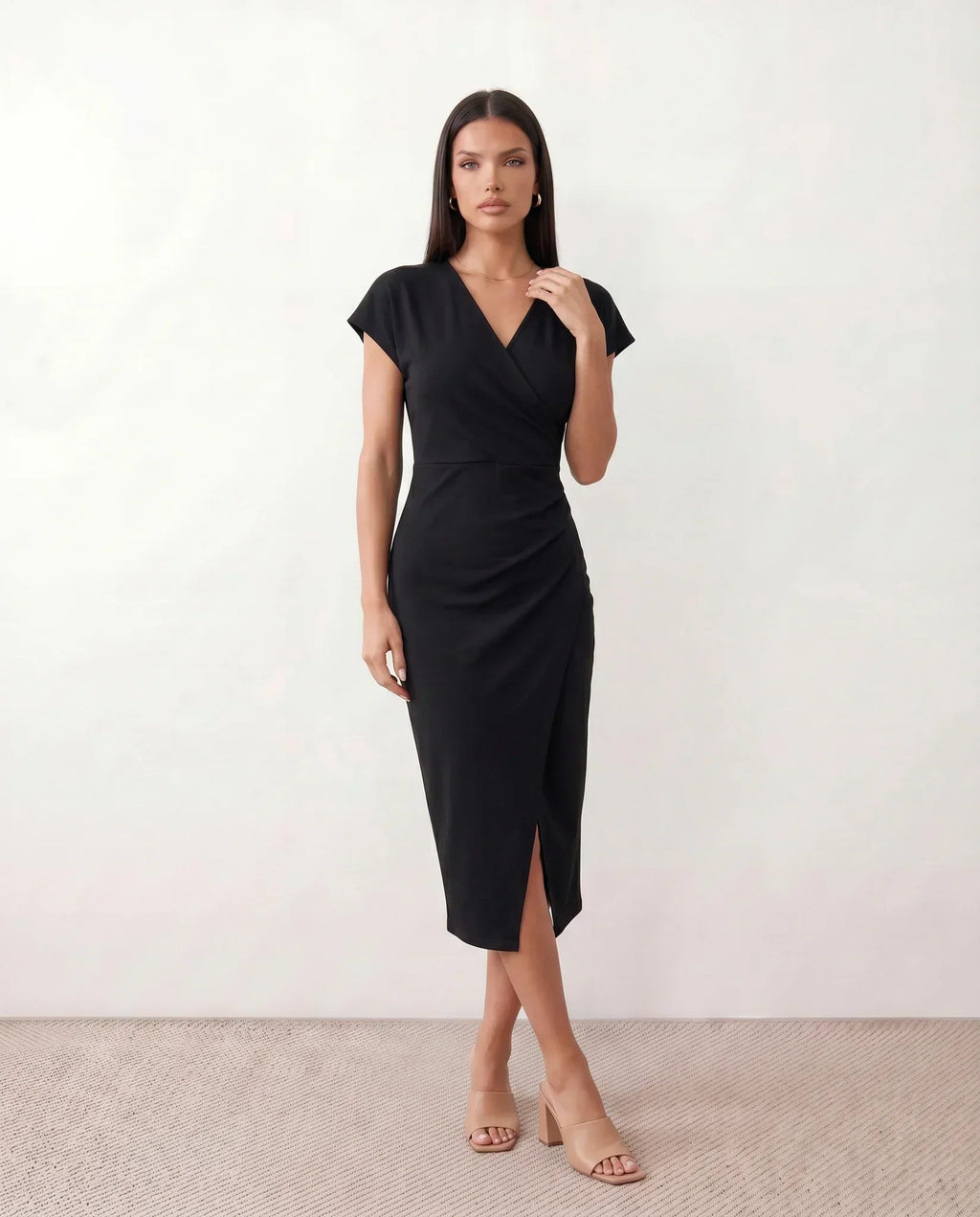 Women's Wrap Midi Dress with Draped Skirt and V-Neck - Black