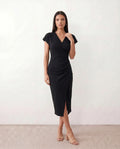 Women's Wrap Midi Dress with Draped Skirt and V-Neck - Black