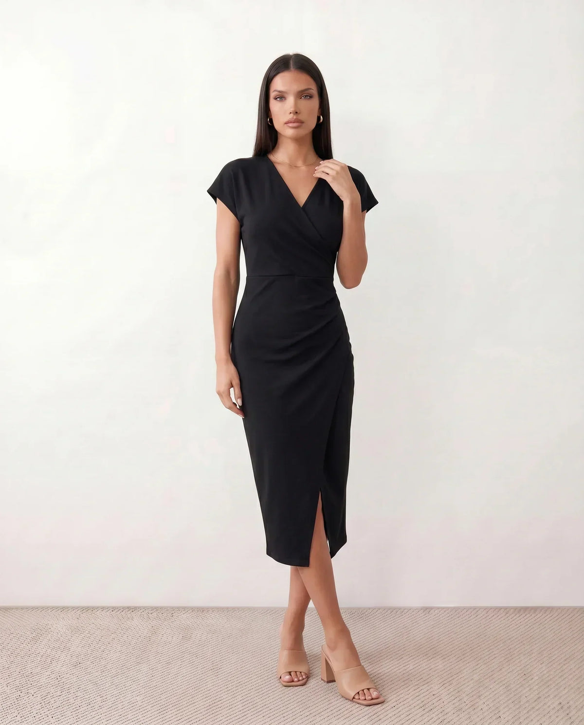 Women's Wrap Midi Dress with Draped Skirt and V-Neck - Black