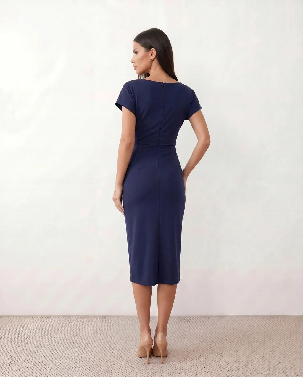 Women's Wrap Midi Dress with Draped Skirt and V-Neck - 14