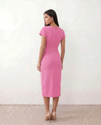 Women's Wrap Midi Dress with Draped Skirt and V-Neck - 9