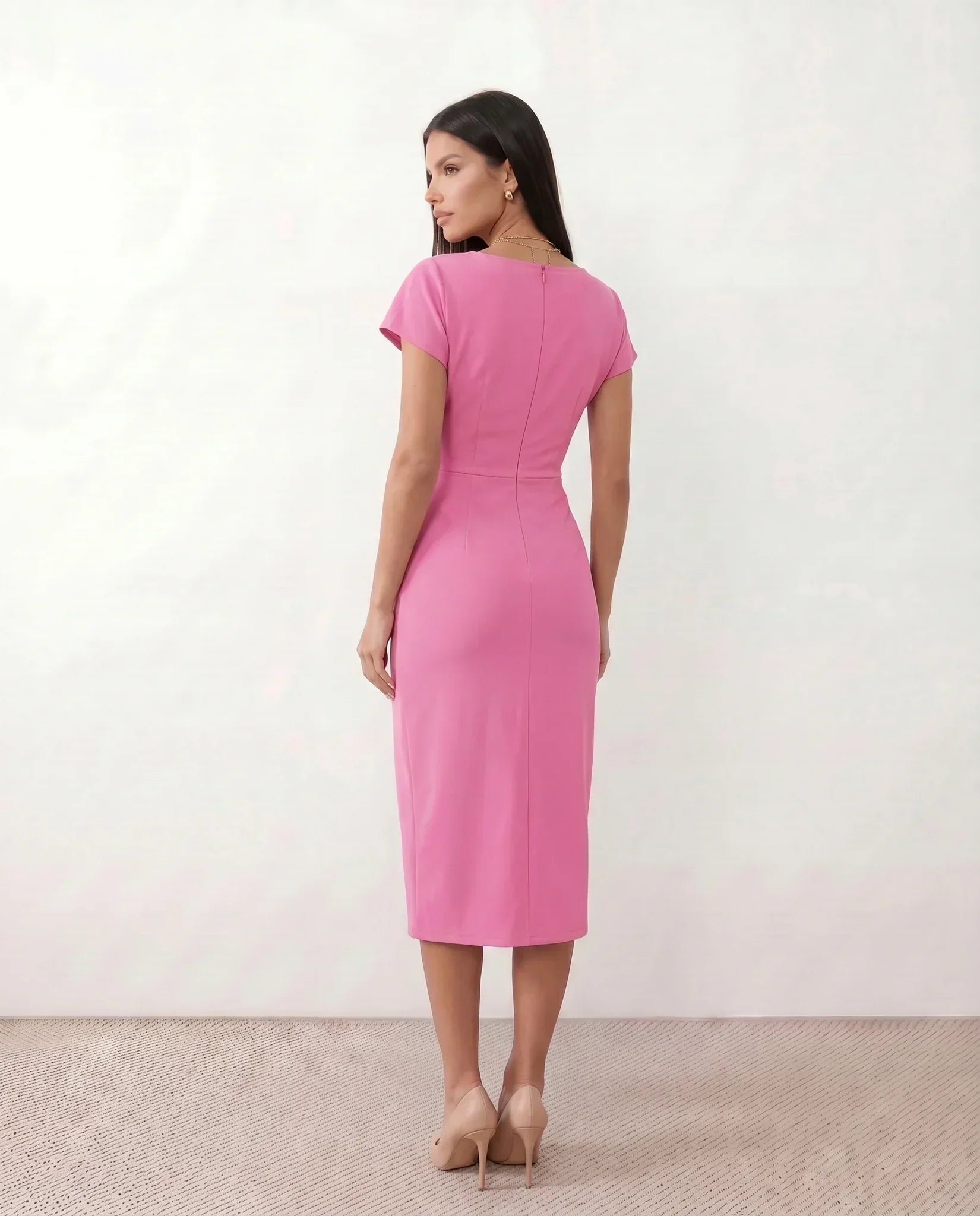 Women's Wrap Midi Dress with Draped Skirt and V-Neck - 9