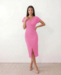 Women's Wrap Midi Dress with Draped Skirt and V-Neck - Pink