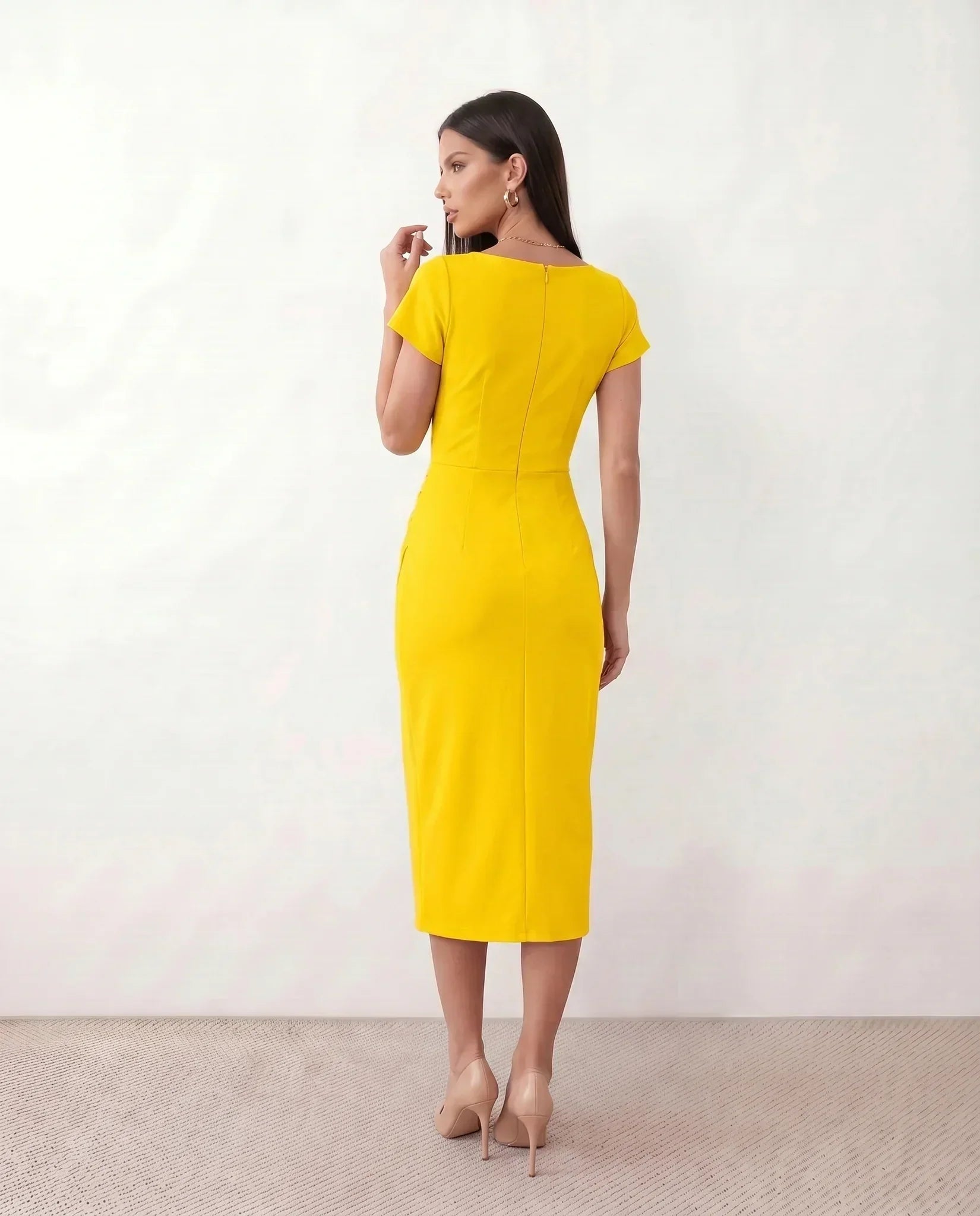Women's Wrap Midi Dress with Draped Skirt and V-Neck - 4