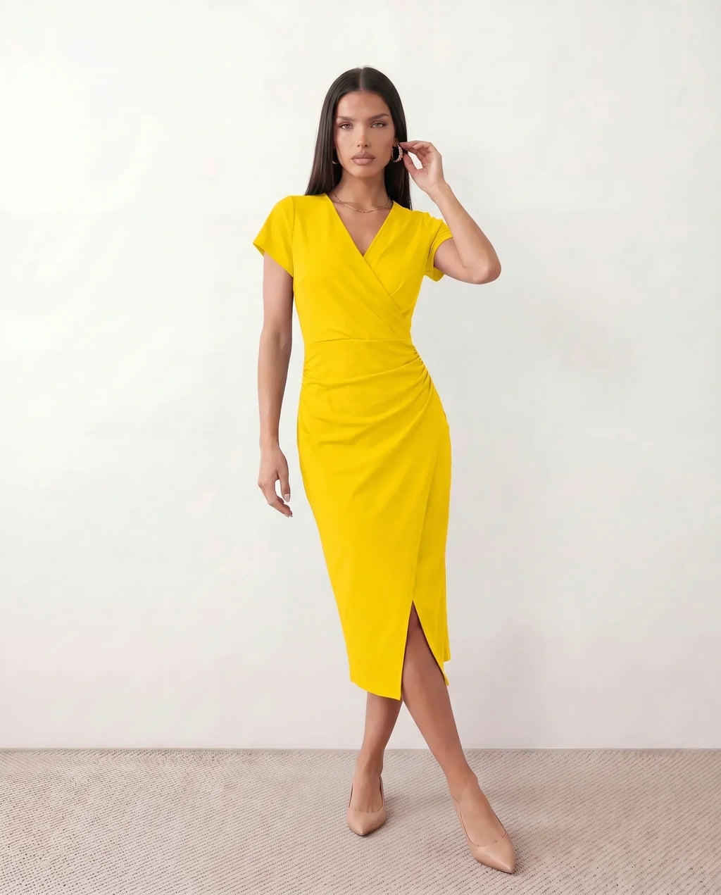 Women's Wrap Midi Dress with Draped Skirt and V-Neck - Yellow