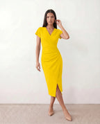 Women's Wrap Midi Dress with Draped Skirt and V-Neck - Yellow