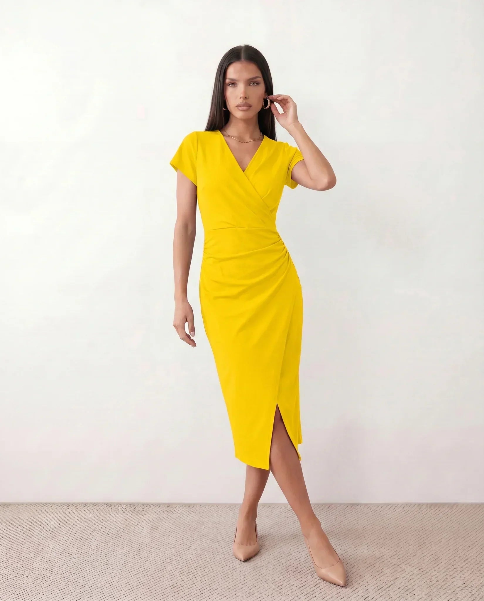 Women's Wrap Midi Dress with Draped Skirt and V-Neck - Yellow