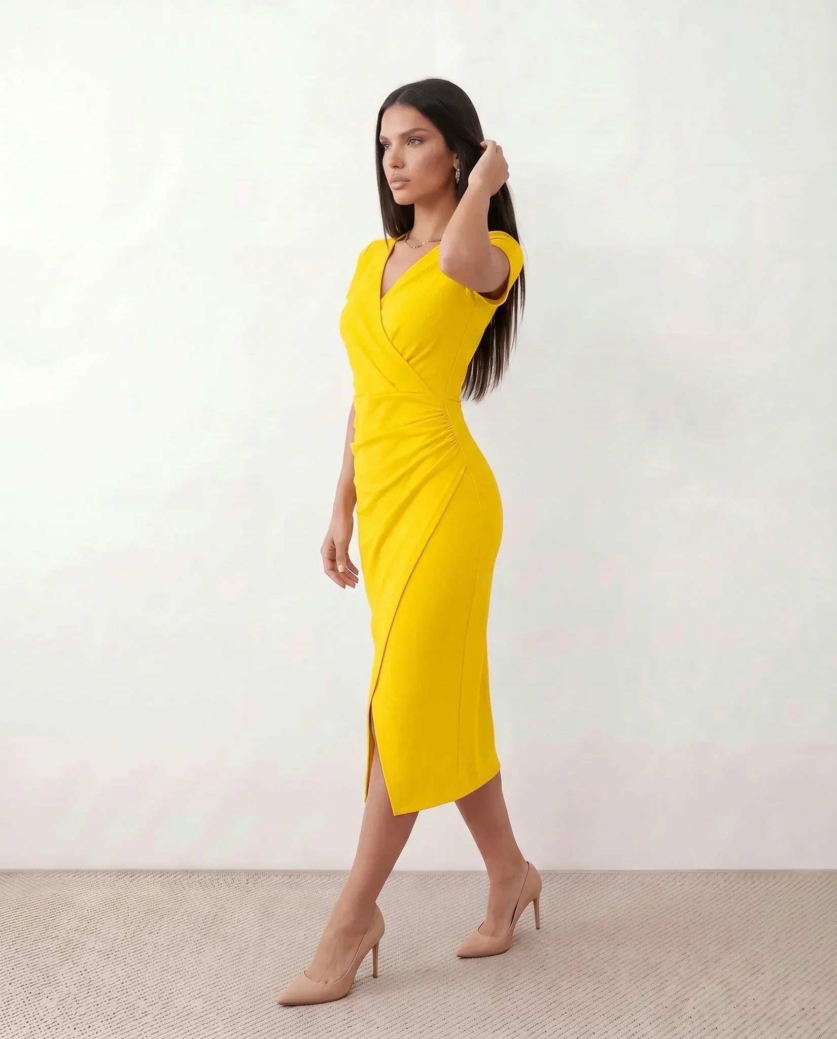 Women's Wrap Midi Dress with Draped Skirt and V-Neck - 6