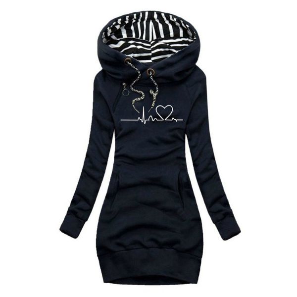 Women's Hoodie with Heartbeat Print and Striped Hood Lining - Blue