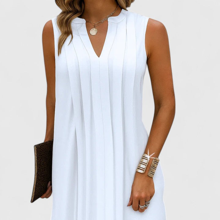 Women's Sleeveless Dress with V-Neck and Pleated Detail - White