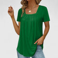 Women's Blouse Short Sleeve with Square Neckline and Pleated Front - Dark Green