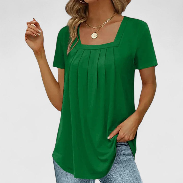 Women's Blouse Short Sleeve with Square Neckline and Pleated Front - Dark Green